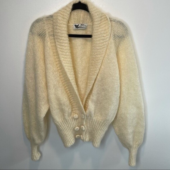Vintage WOOF DESIGN NEWFOUNDLAND Fuzzy Knitted Sweater Cardigan Mohair Wool - Picture 6 of 12